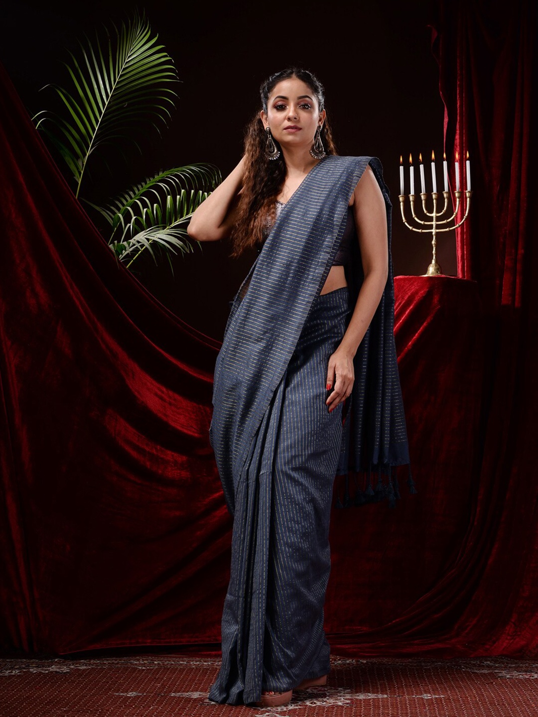 

Mitera Striped Pure Cotton Saree, Blue