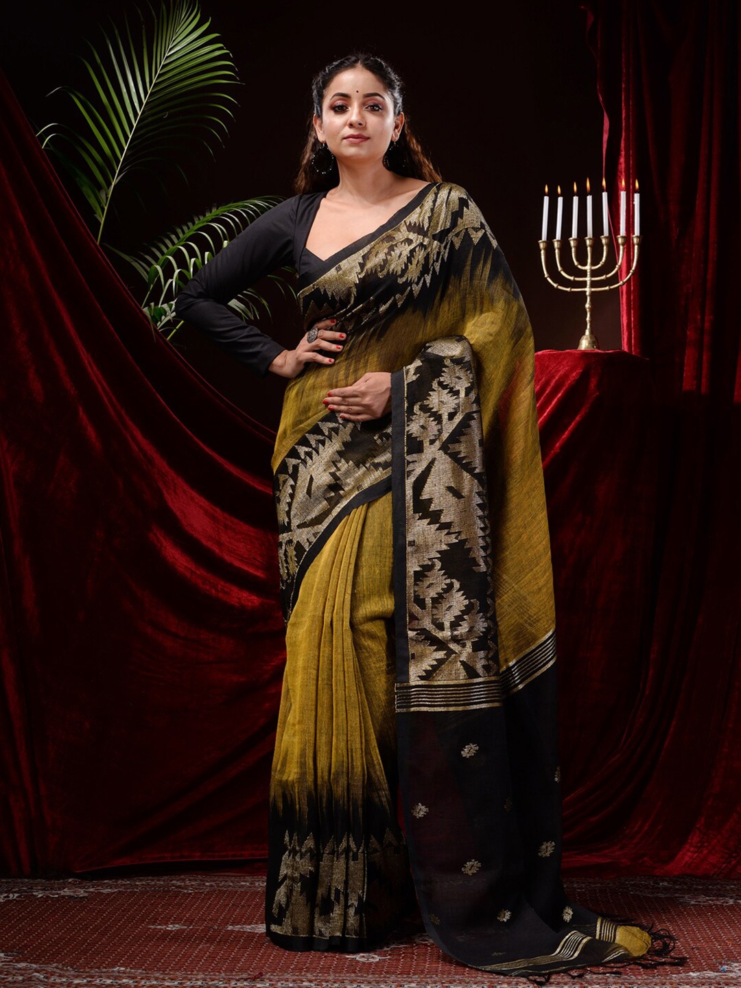 

Mitera Ethnic Motif Zari Pure Linen Saree, Mustard