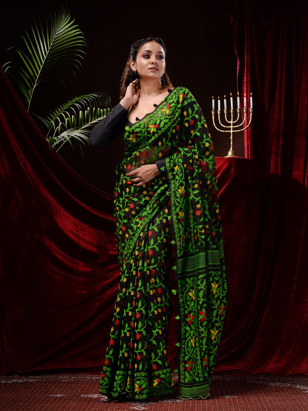 

Mitera Woven Design Silk Cotton Saree, Black