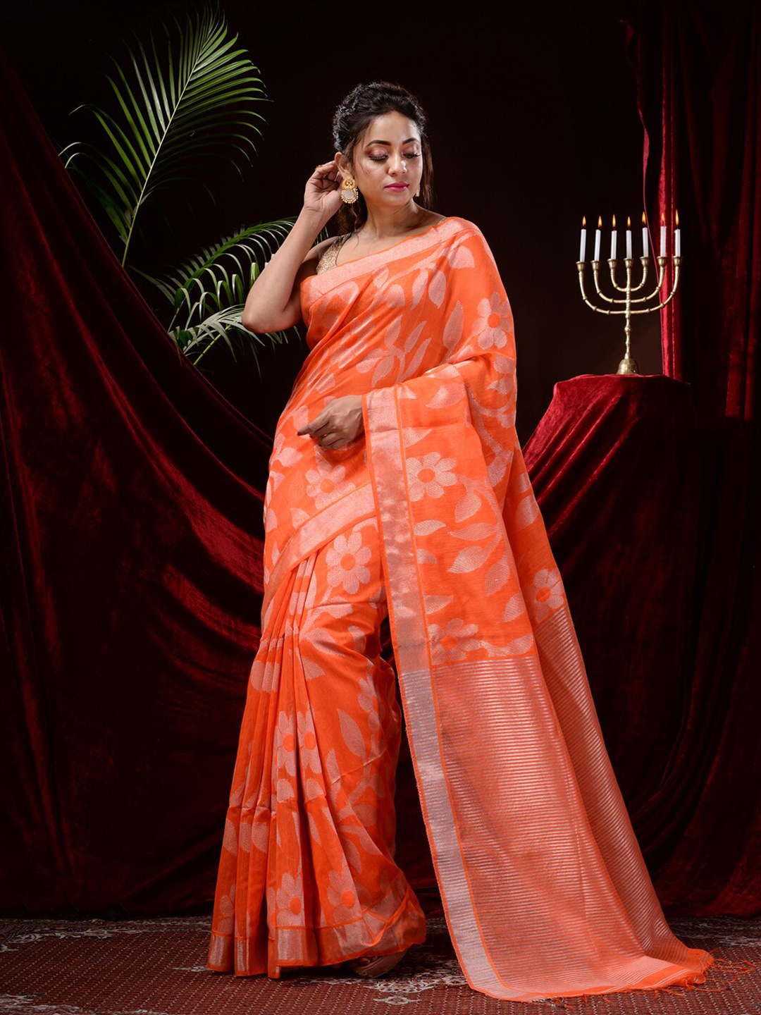 

Mitera Floral Woven Design Zari Saree, Orange