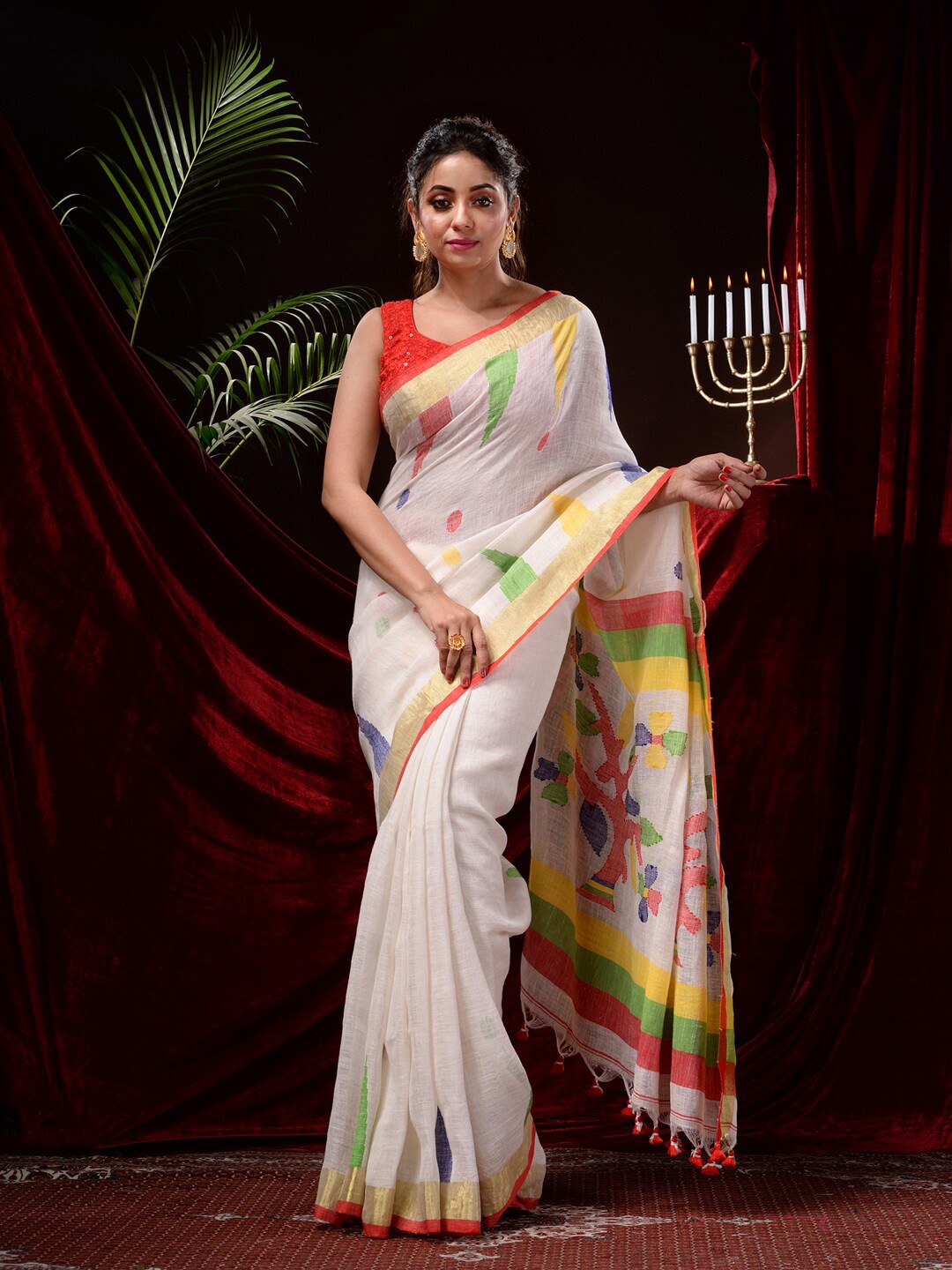 

Mitera Woven Design Zari Pure Linen Saree, White