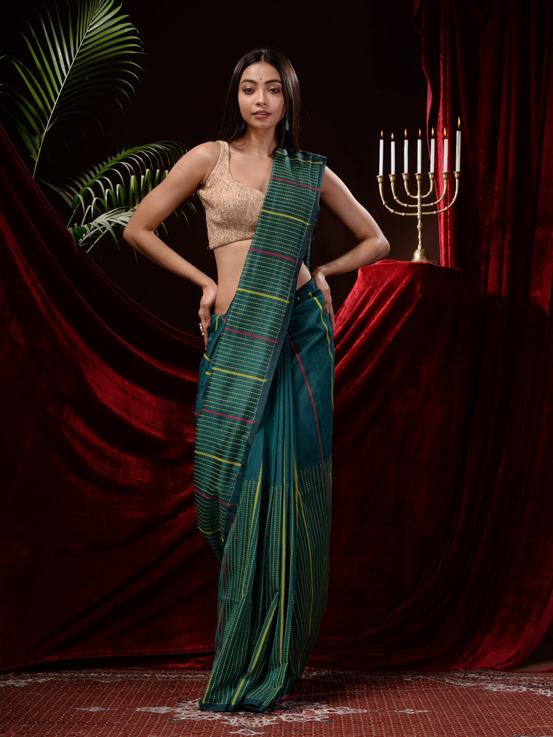 

Mitera Kantha Embroidered Pure Cotton Saree, Teal