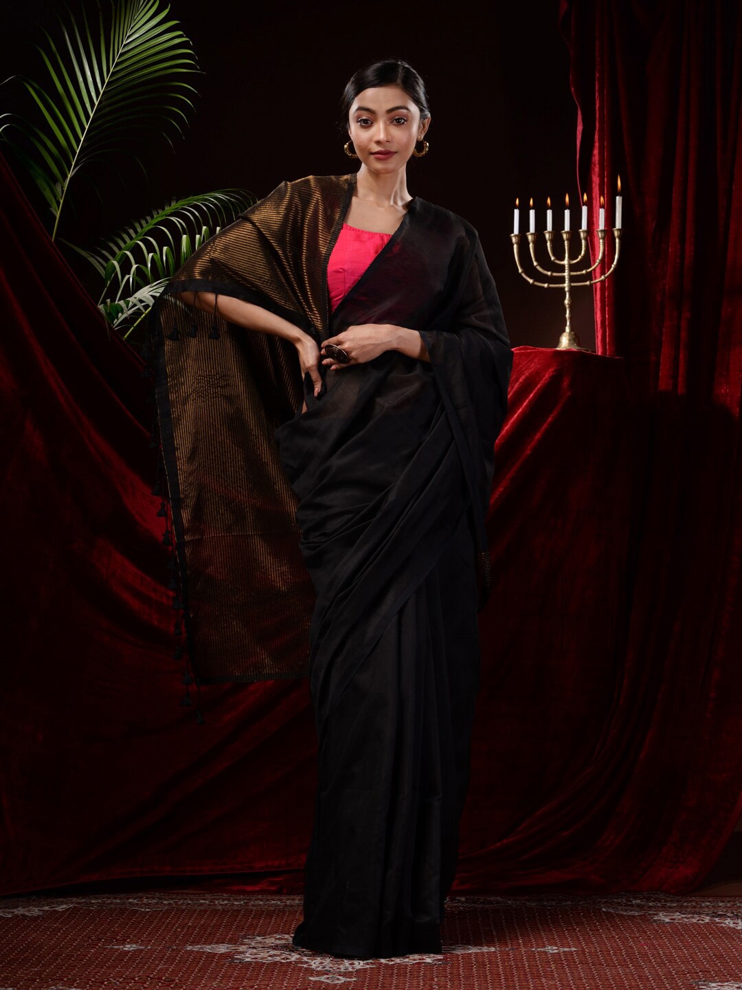 

Mitera Solid No Border Saree, Black