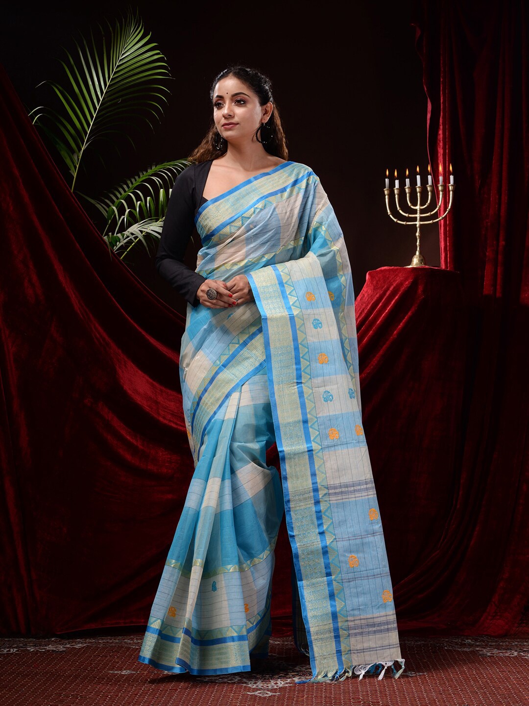 

Mitera Checked Zari Pure Cotton Saree, Blue
