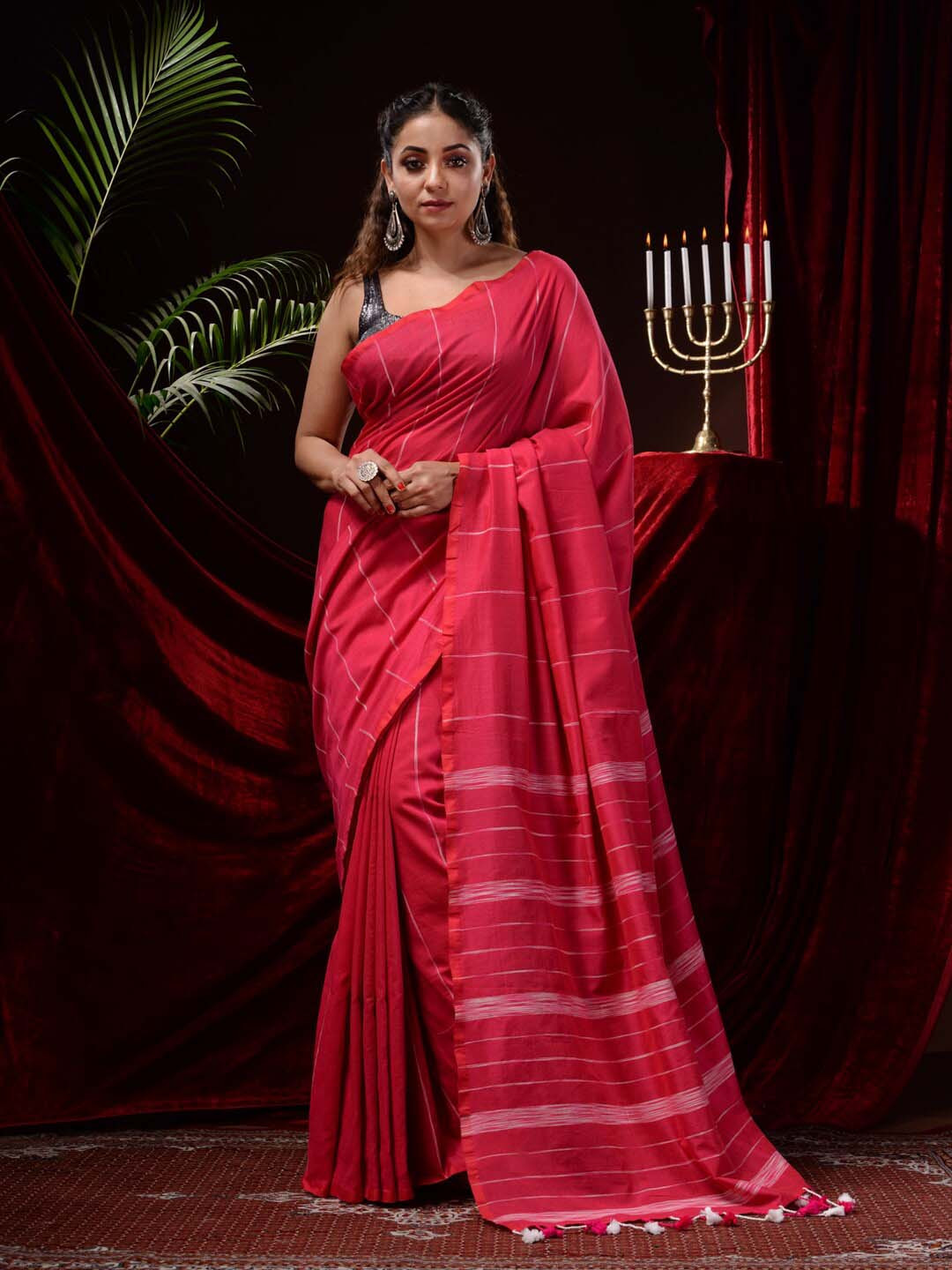 

Mitera Striped Pure Cotton Saree, Pink