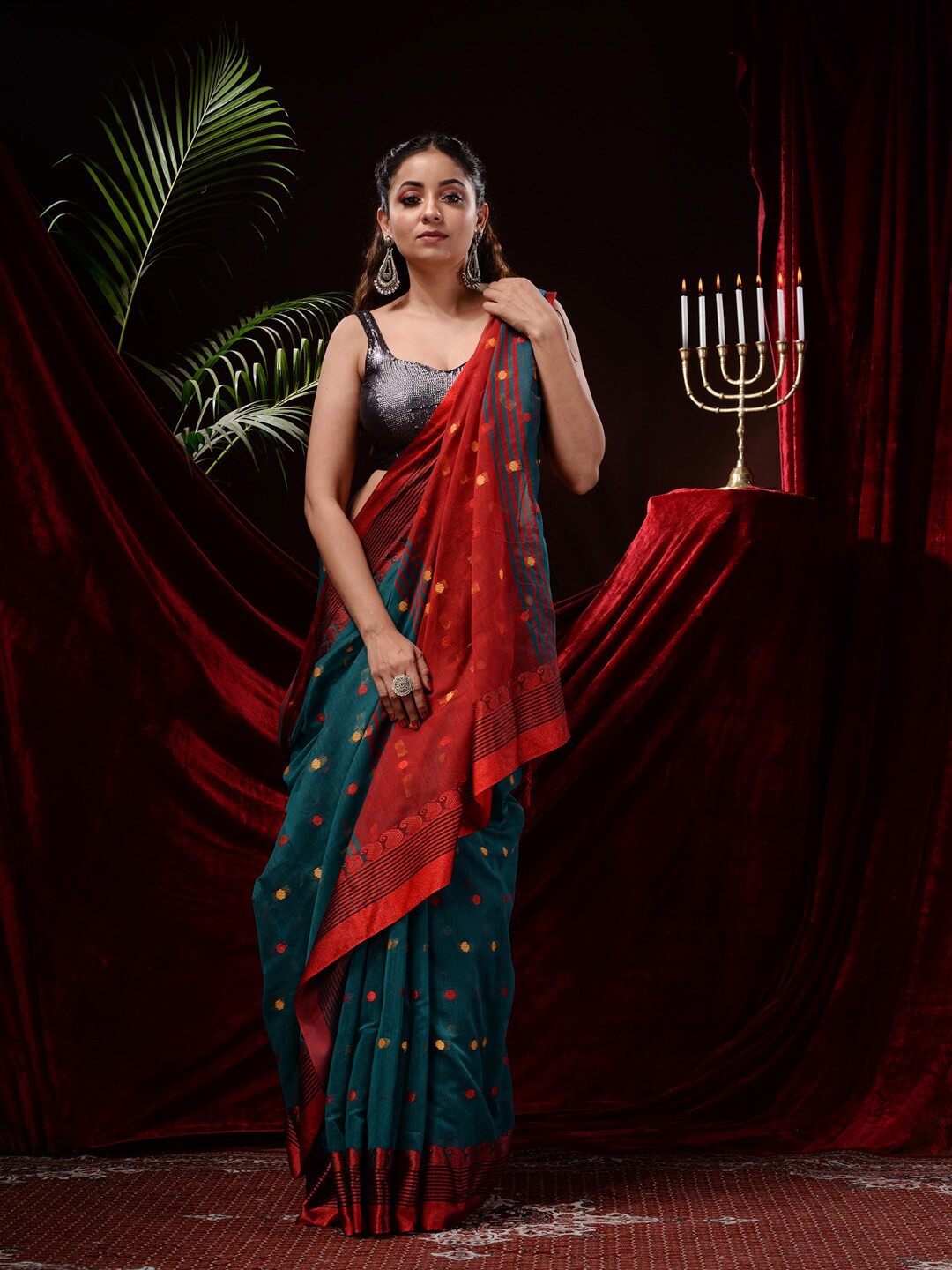 

Mitera Polka Dots Zari Saree, Teal
