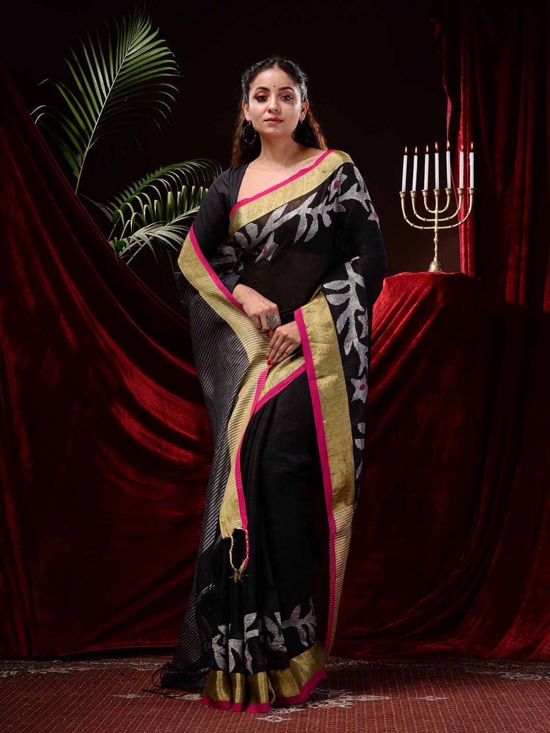 

Mitera Floral Woven Zari Pure Linen Saree With Tassel, Black