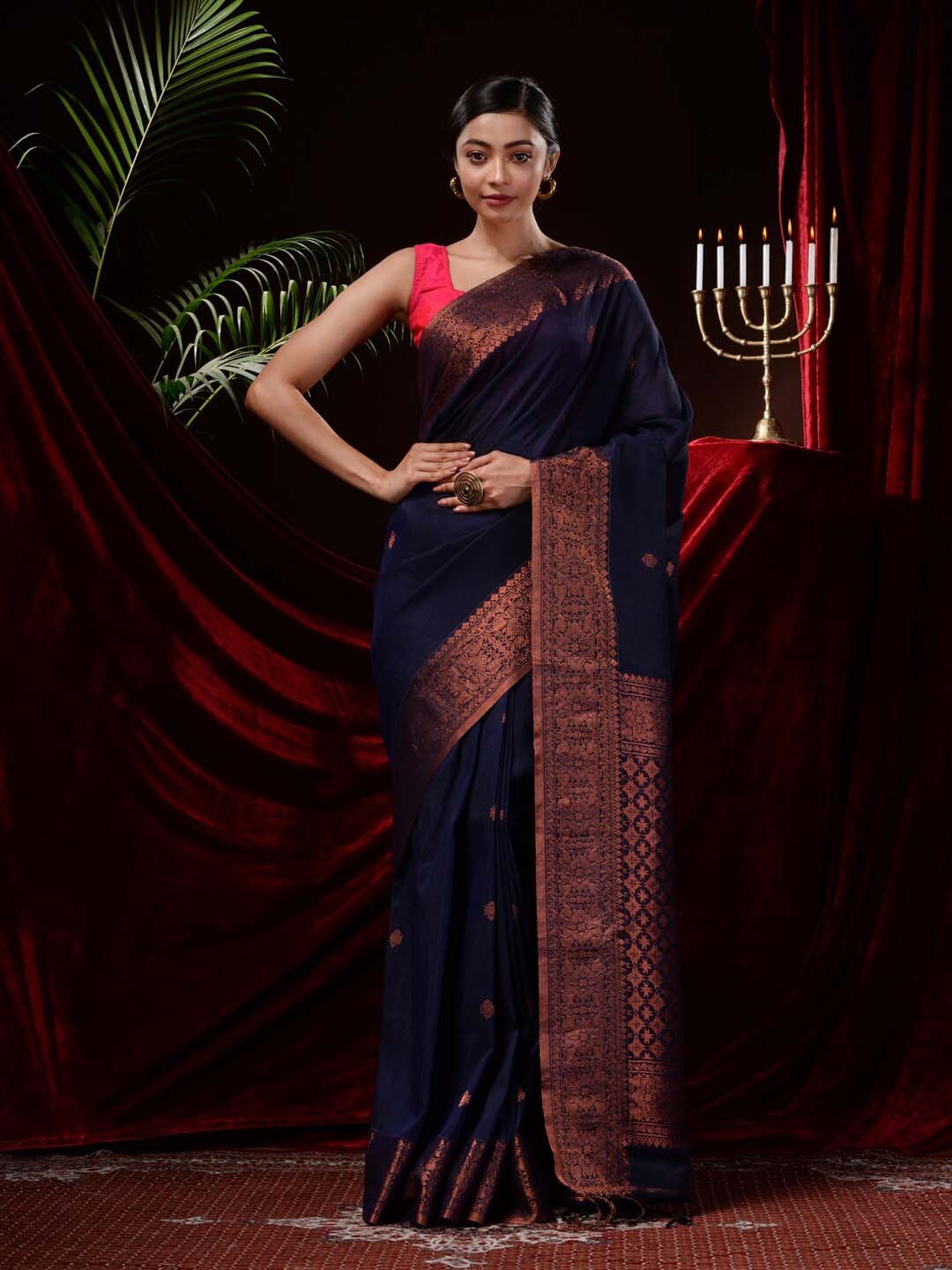 

Mitera Blue & Copper-Toned Woven Design Zari Pure Linen Saree