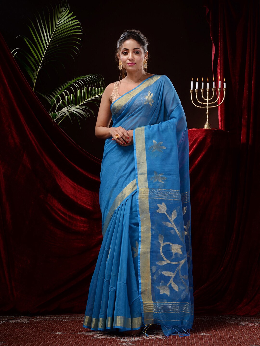 

Mitera Floral Woven Design Zari Saree, Blue