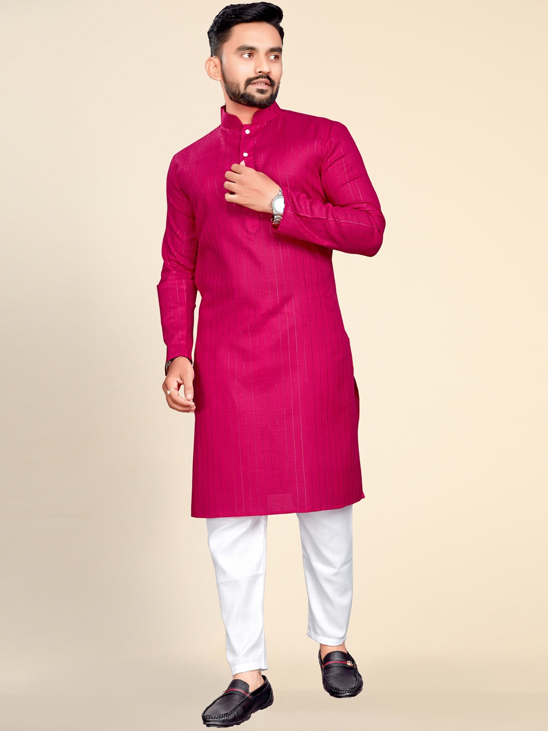 

Ekta Textiles Men Striped Zari Detail Pure Cotton Kurta with Pyjamas, Pink