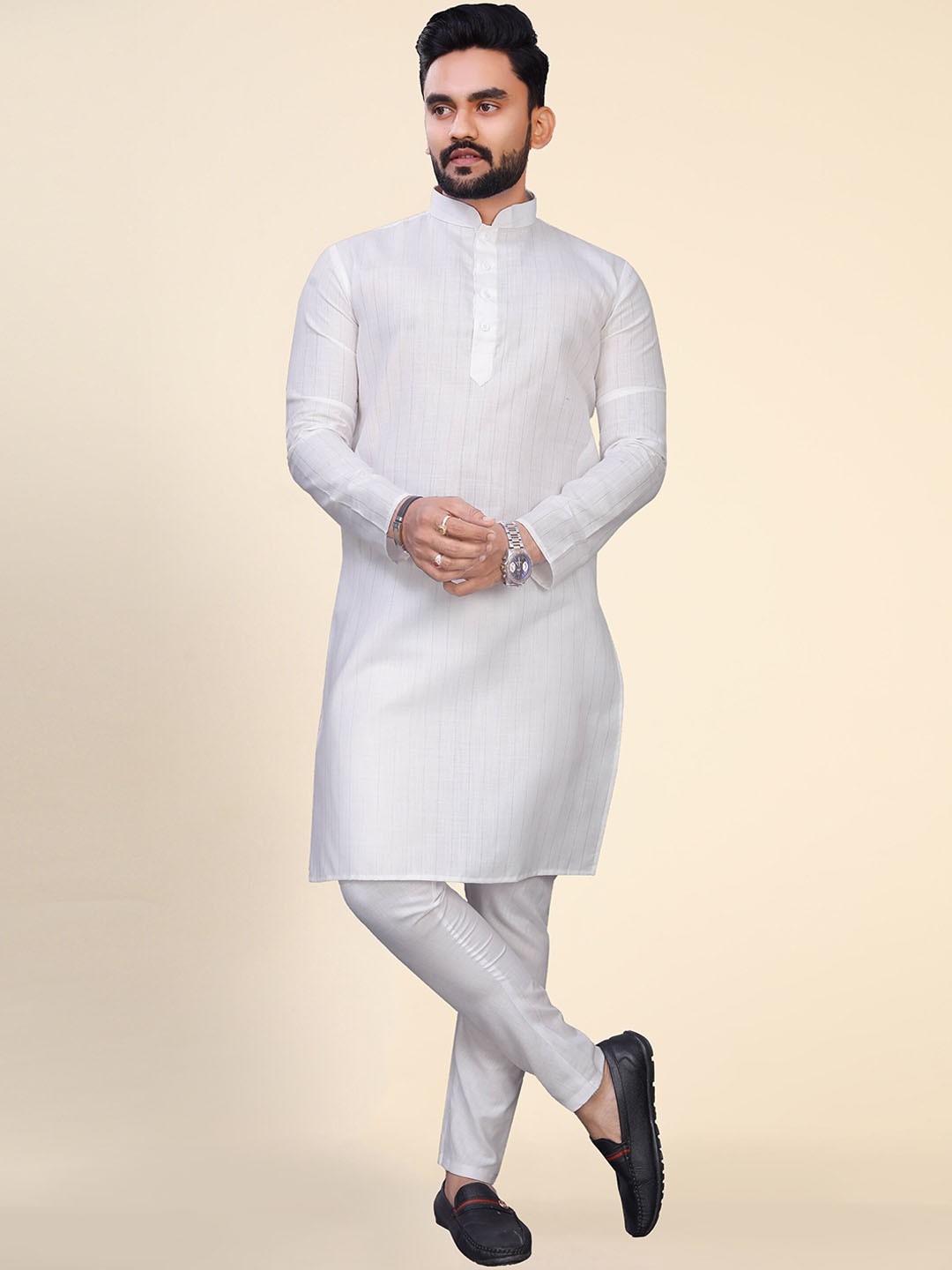 

Ekta Textiles Men Striped Zari Detail Pure Cotton Kurta with Pyjamas, White
