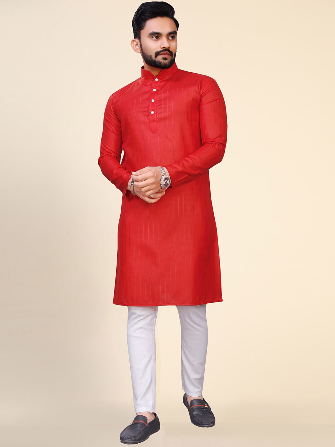 

Ekta Textiles Men Striped Zari Detail Pure Cotton Kurta with Pyjamas, Red