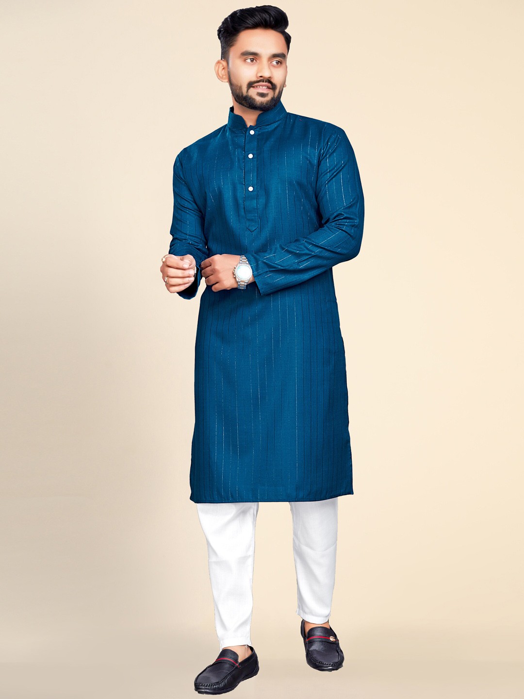 

Ekta Textiles Men Striped Pure Cotton Kurta with Pyjamas, Navy blue