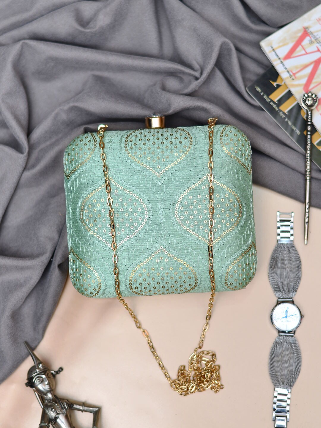 

ARTKLIM Embroidered Sequinned Shoulder Strap Box Clutch, Green