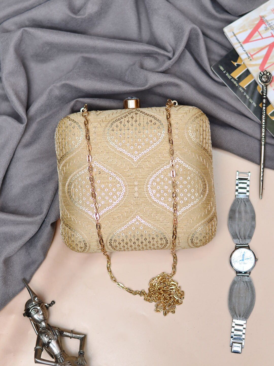 

ARTKLIM Embroidered Sequinned Shoulder Strap Box Clutch, Beige