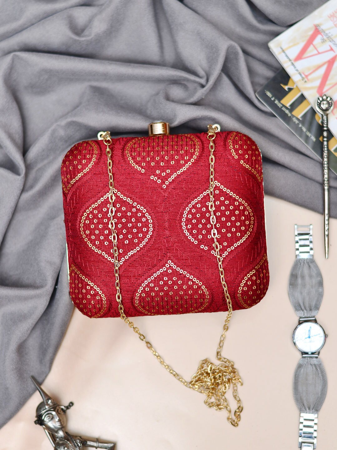 

ARTKLIM Embroidered Sequinned Shoulder Strap Box Clutch, Red
