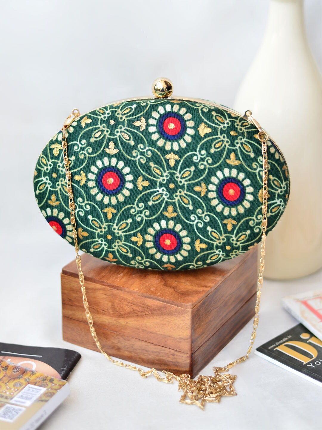 

ARTKLIM Floral Printed Shoulder Strap Oval Shape Box Clutch, Green