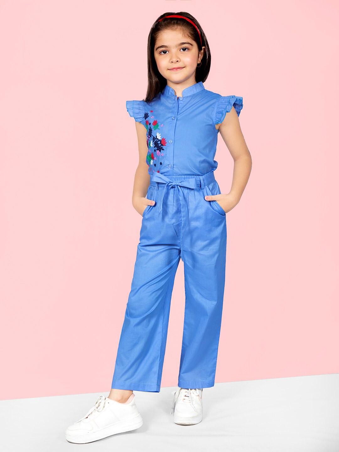 

Naughty Ninos Girls Floral Embroidery Pure Cotton Top With Palazzos, Blue