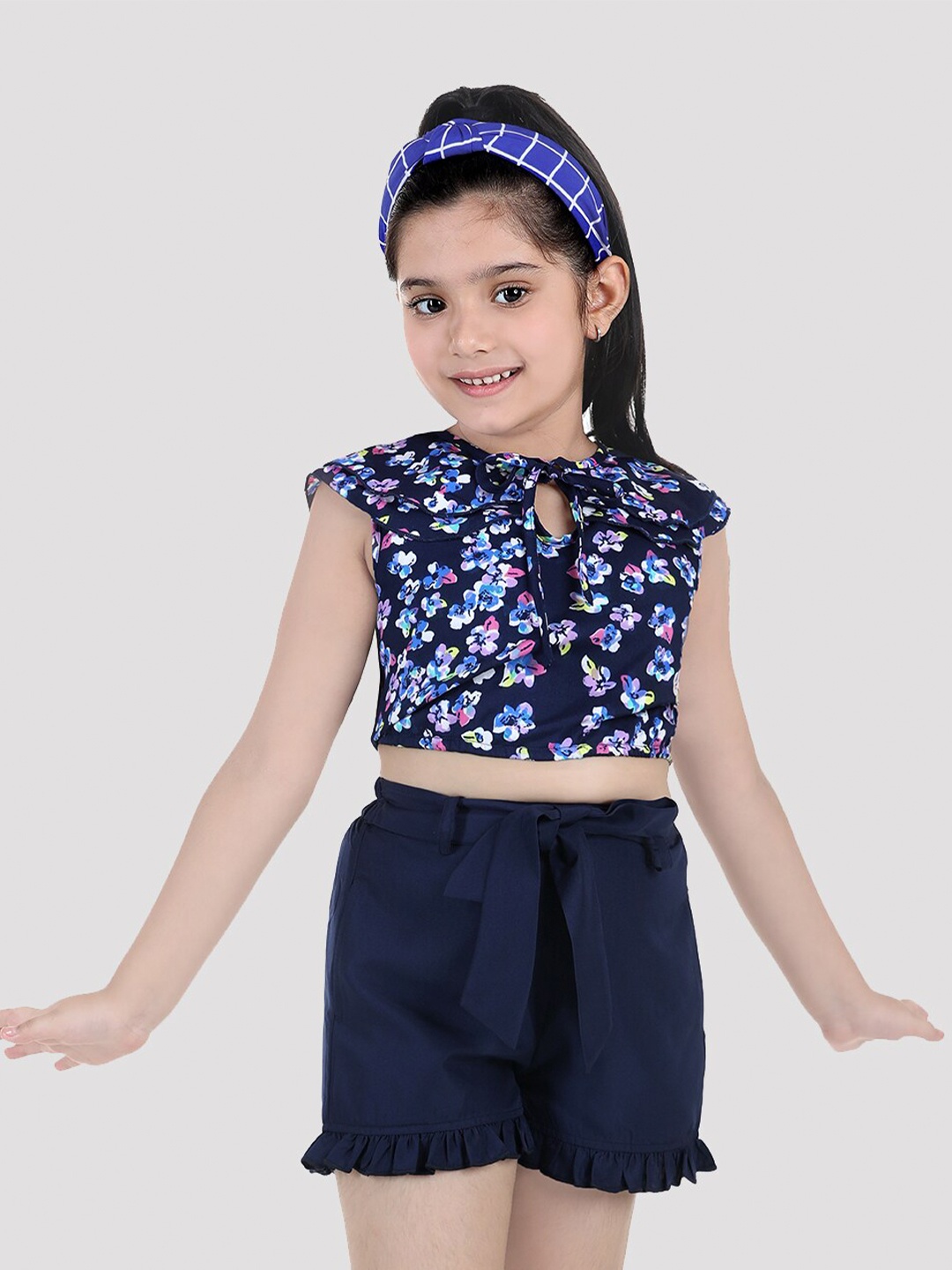 

Naughty Ninos Girls Floral Printed Tie-Up Neck Top with Shorts, Navy blue