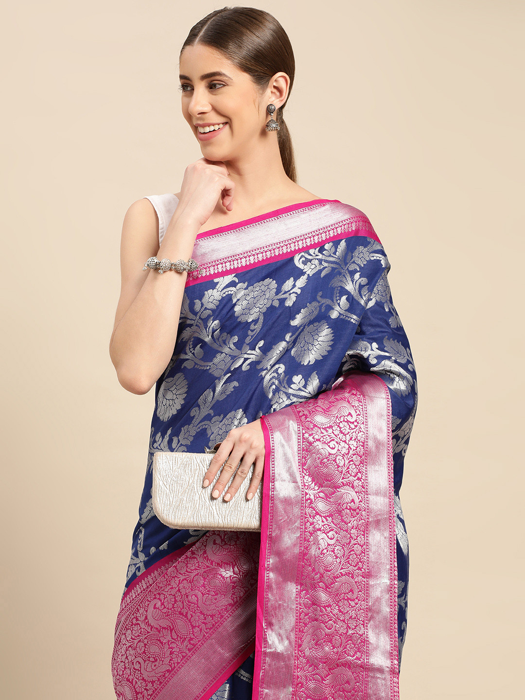 

VASTRANAND Woven Design Ethnic Motifs Zari Art Silk Banarasi Saree, Navy blue