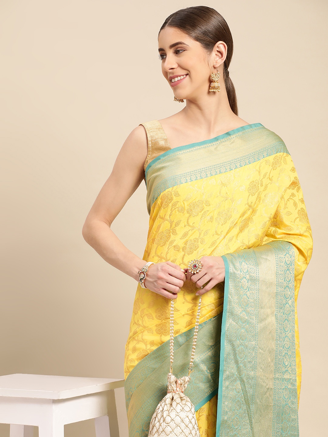 

VASTRANAND Woven Design Ethnic Motifs Zari Art Silk Banarasi Saree, Yellow