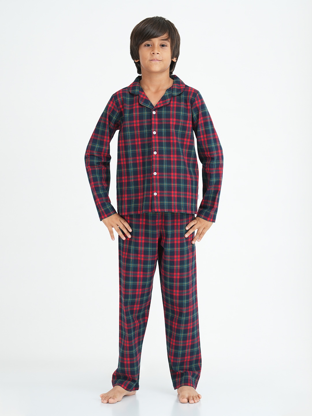 

mackly Boys Checked Pure Cotton Night Suit, Red