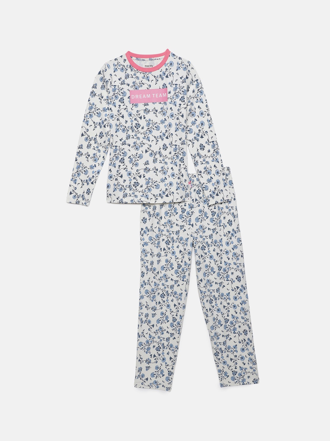 

mackly Girls Floral Printed Pure Cotton Night Suit, White