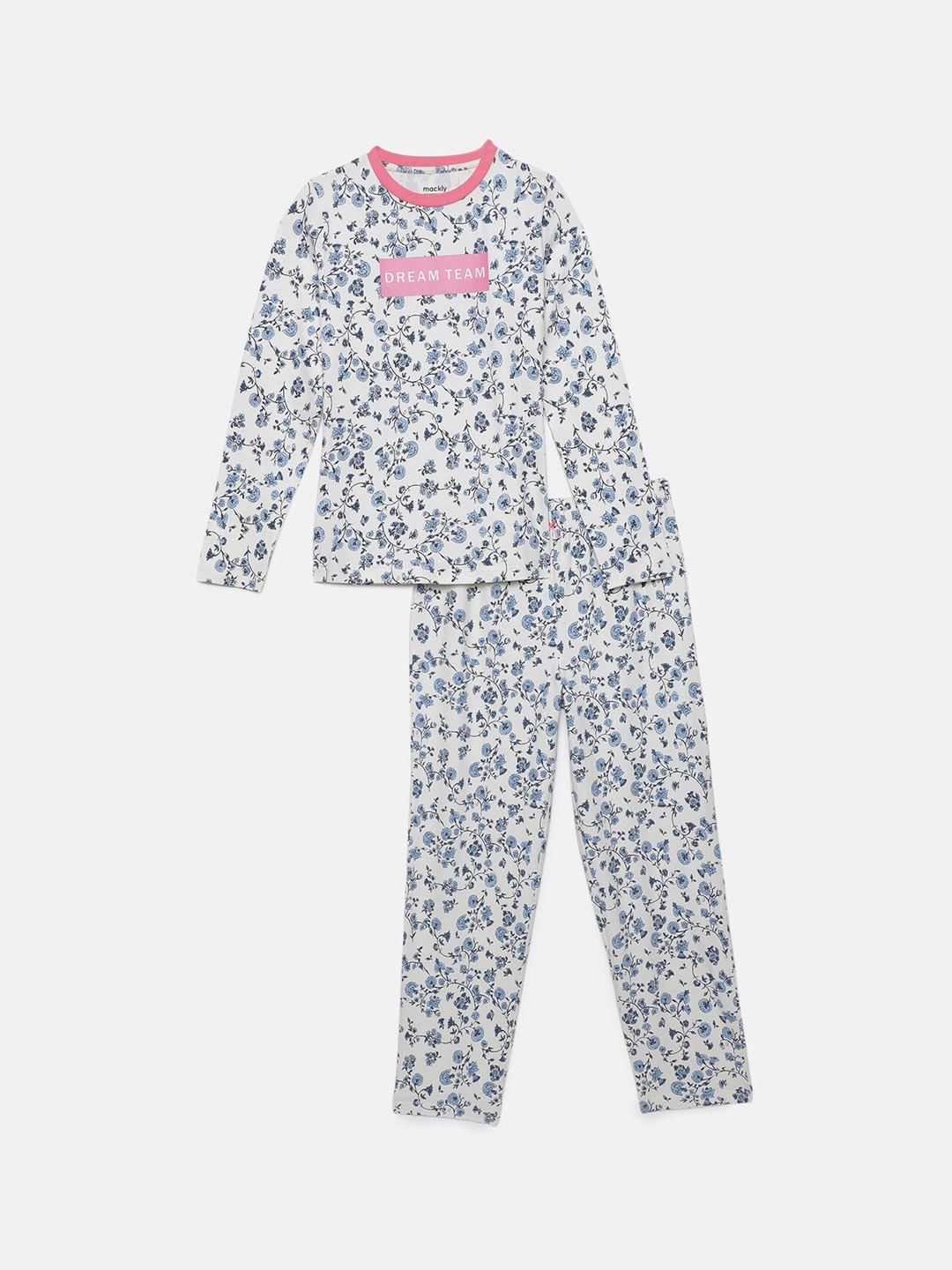 

mackly Girls Floral Printed Pure Cotton Night Suit, White