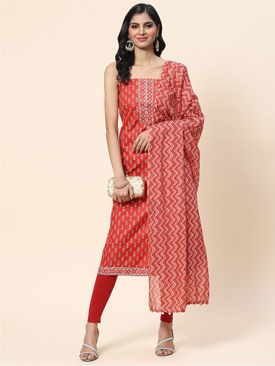 

Meena Bazaar Printed Unstitched Dress Material, Rust