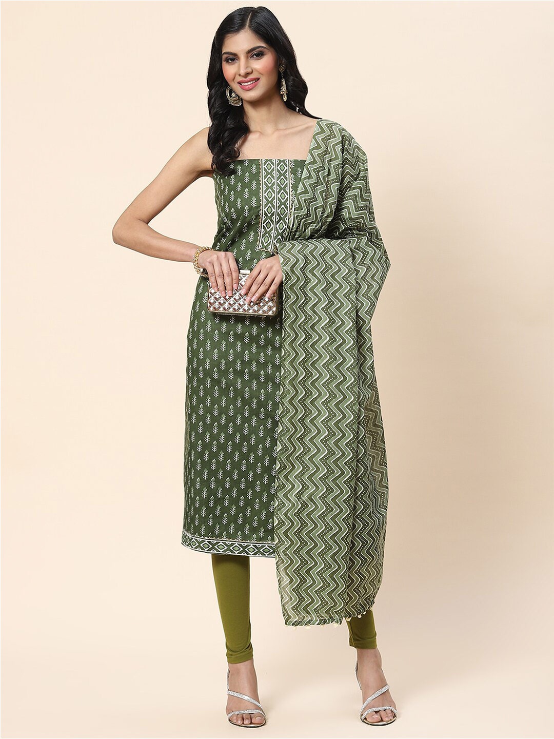 

Meena Bazaar Printed Unstitched Dress Material, Green