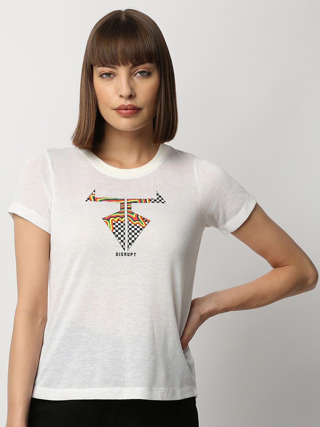 

Disrupt Women Graphic Printed Round Neck Cotton T-shirt, White