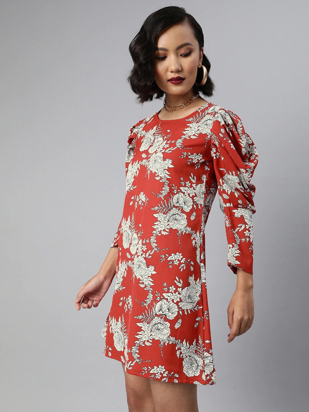 

Sera Floral Printed Puff Sleeves Sheath Dress, Red