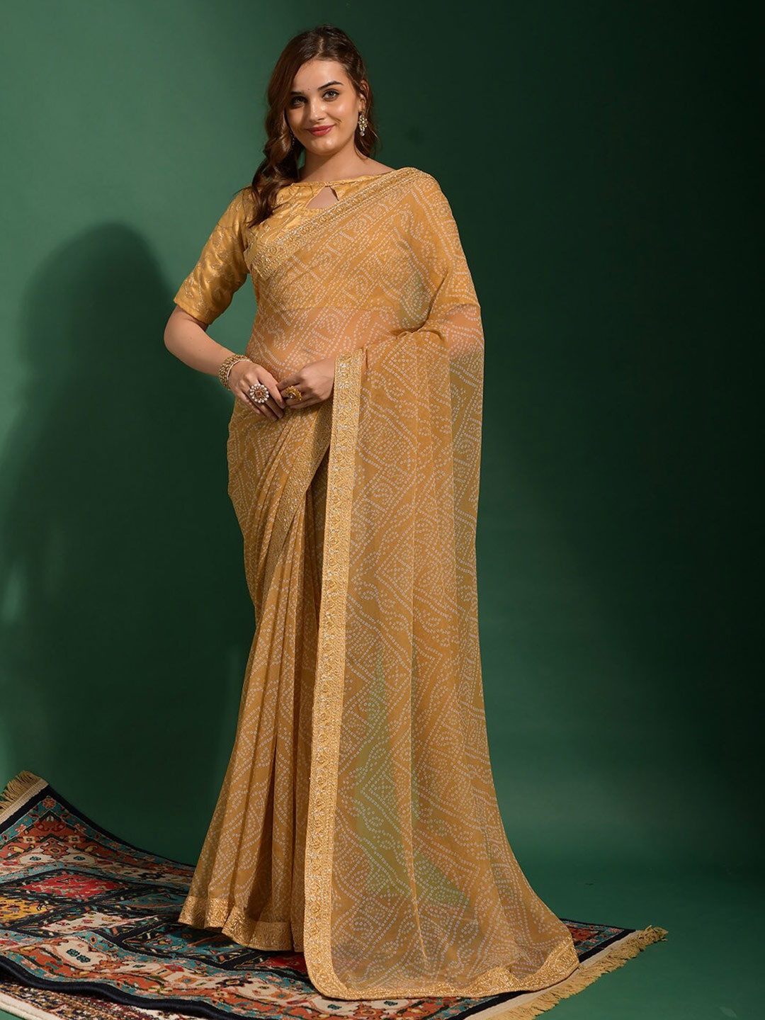 

ODETTE Embroidered Bandhani Saree, Beige