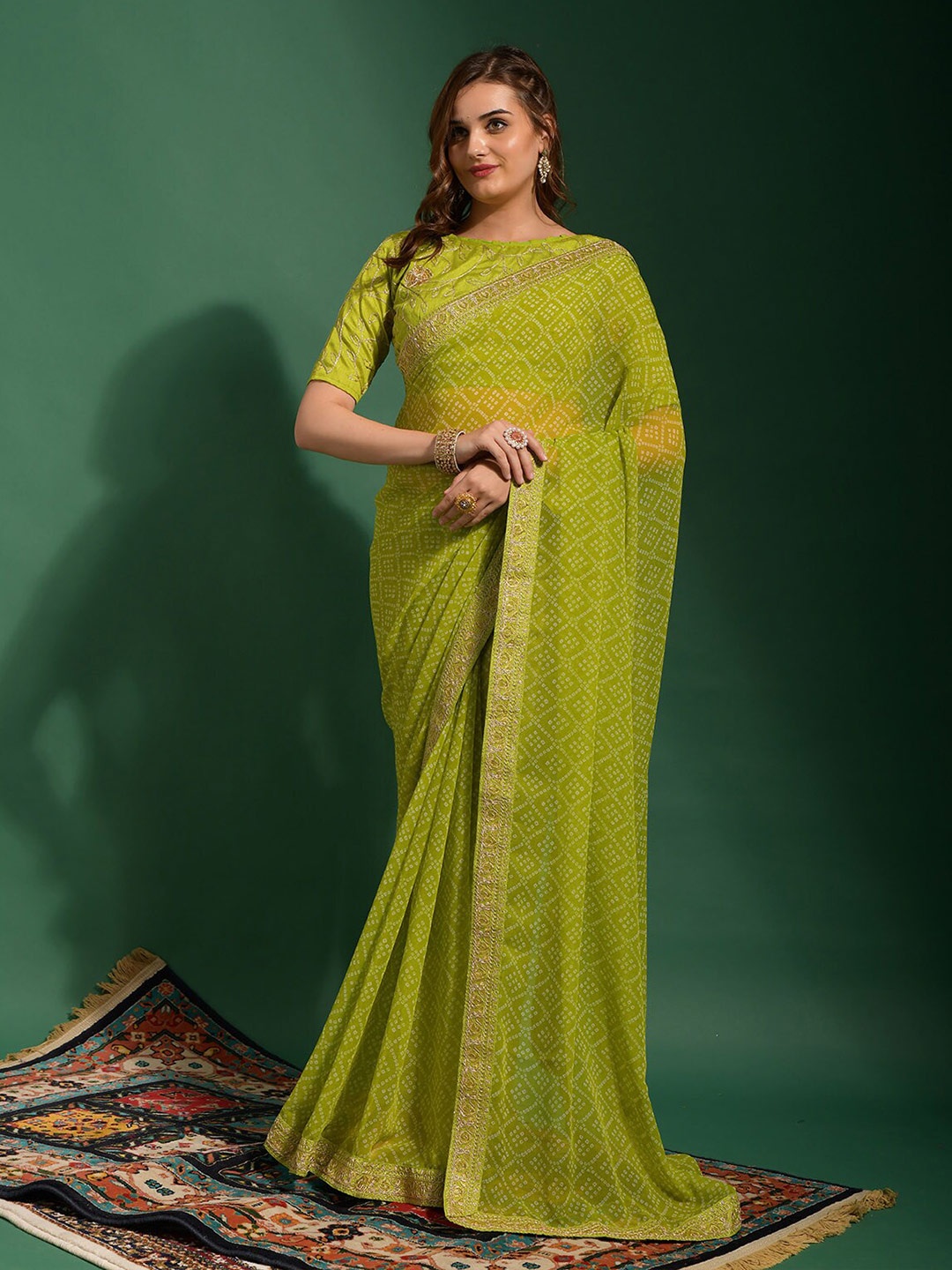 

ODETTE Bandhani Printed Embroidered bordered Saree, Green