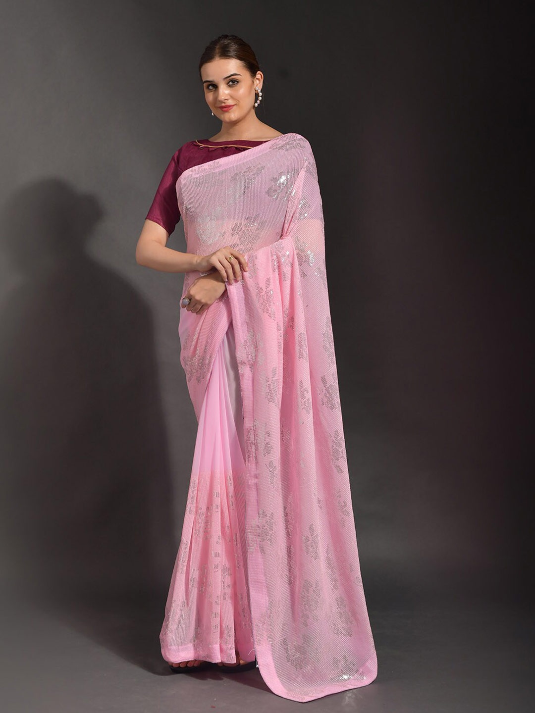 

ODETTE Embellished Sequinned Saree, Pink
