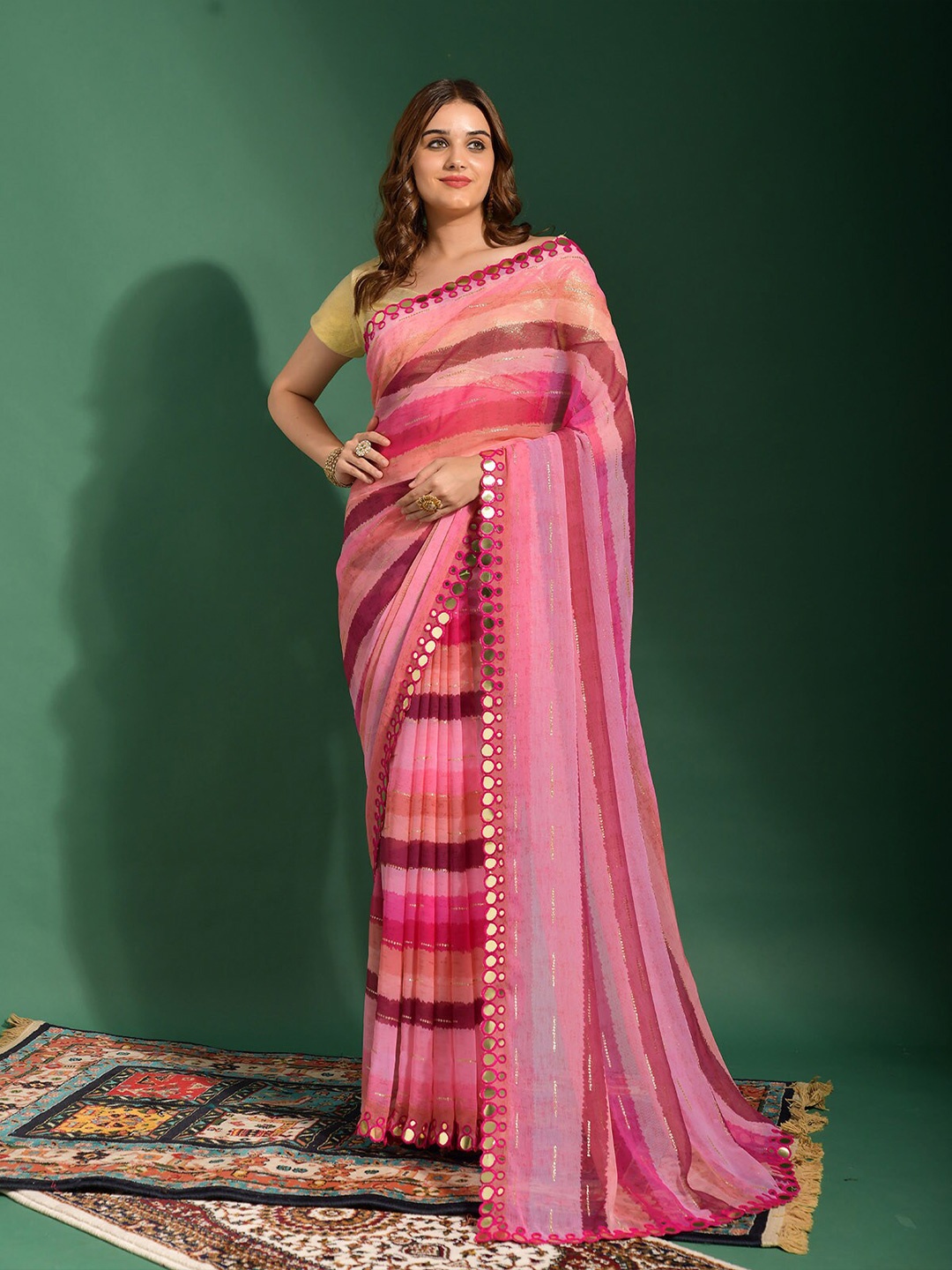 

ODETTE Striped Mirror Work Poly Chiffon Saree, Pink