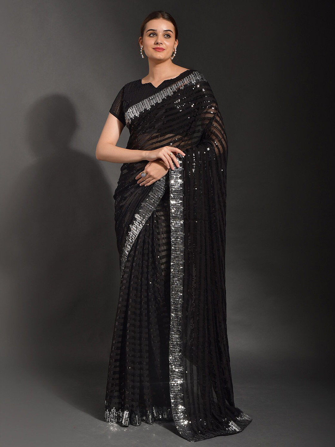 

ODETTE Sequinned Embellished Saree, Black