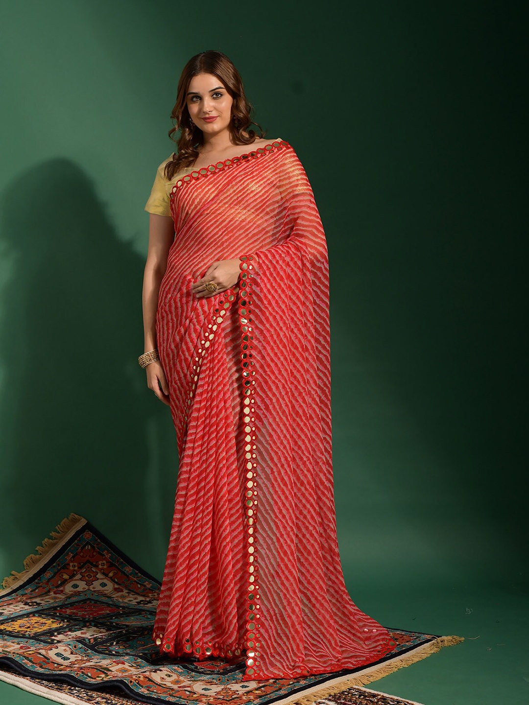 

ODETTE Striped Printed Embellished Mirror Work Saree, Red