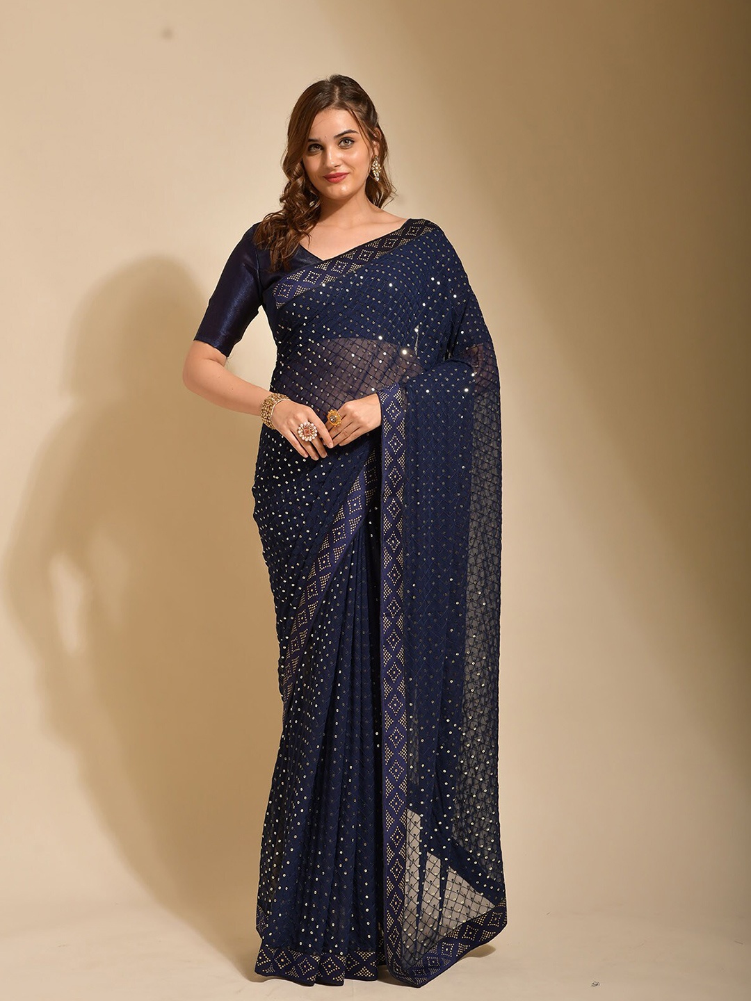 

ODETTE Sequinned Embellished Bordered Saree, Blue