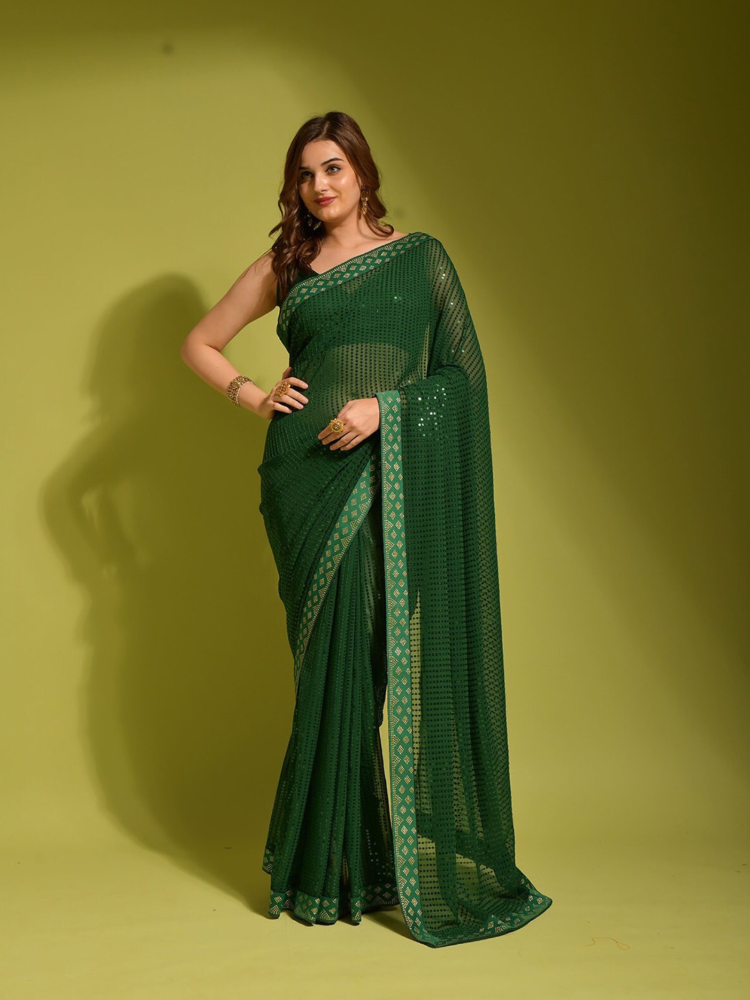 

ODETTE Embellished Sequinned Saree, Green
