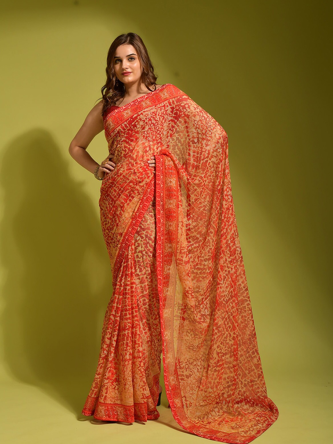 

ODETTE Abstract Printed Saree, Red