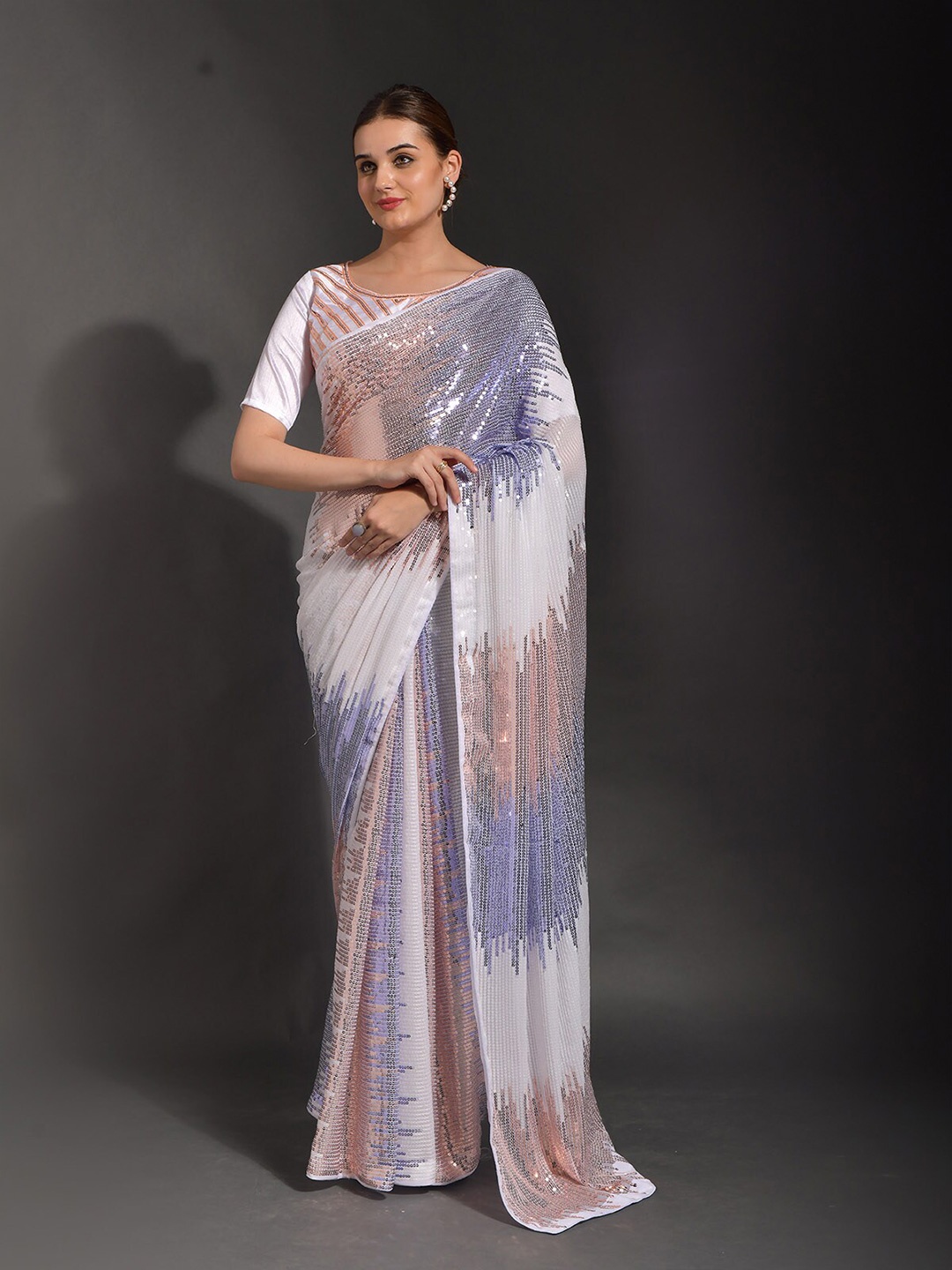 

ODETTE Embellished Sequinned Heavy Work Saree, White