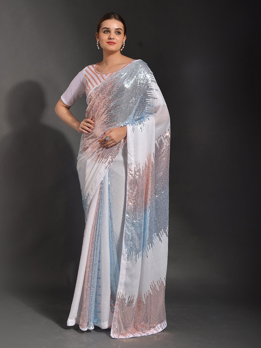 

ODETTE Embellished Sequined Saree, White