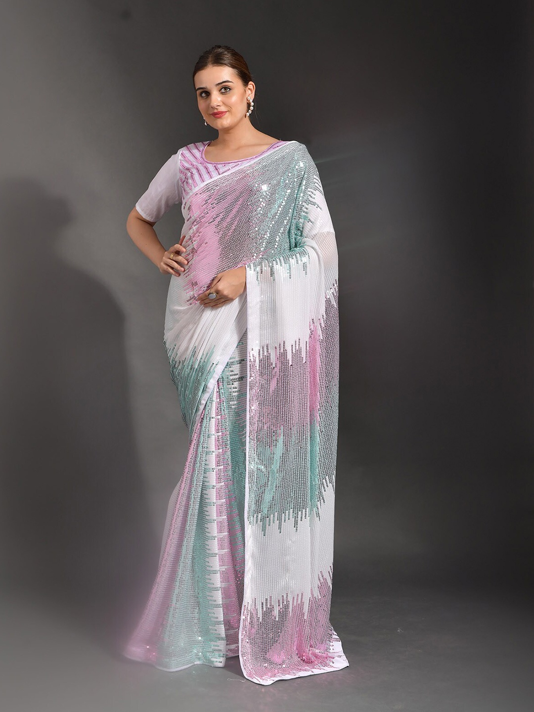 

ODETTE Embellished Sequinned Saree, White