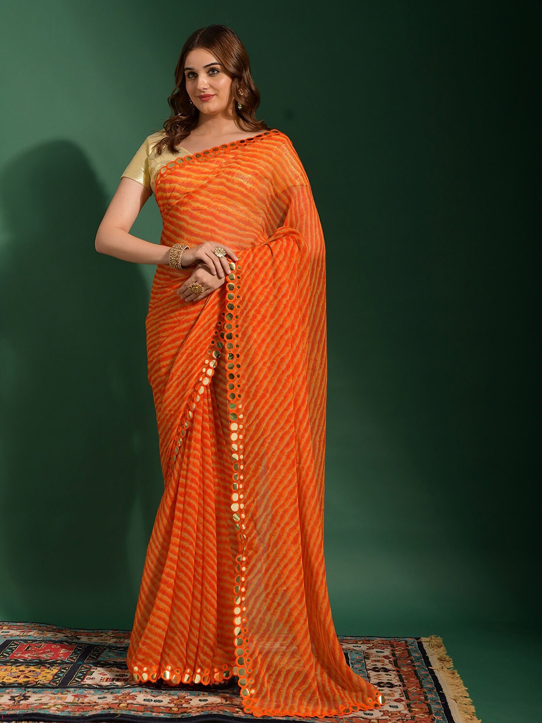 

ODETTE Leheriya Printed Mirror Work Saree, Orange