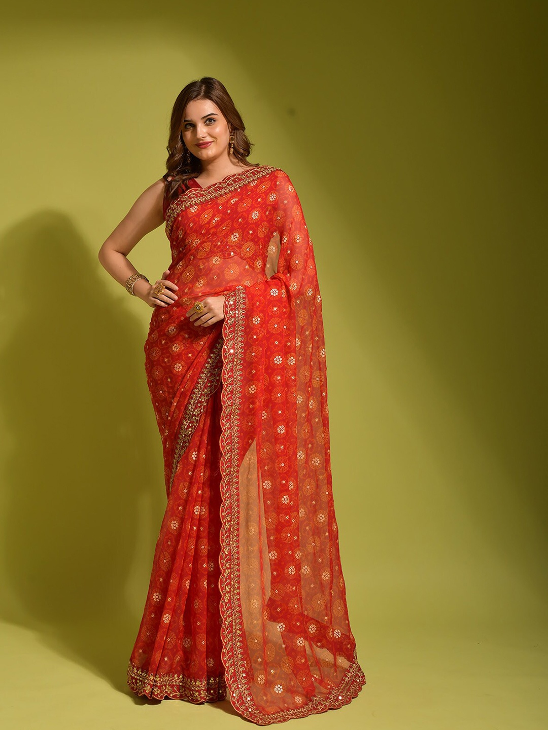 

ODETTE Red & White Floral Sequinned Saree