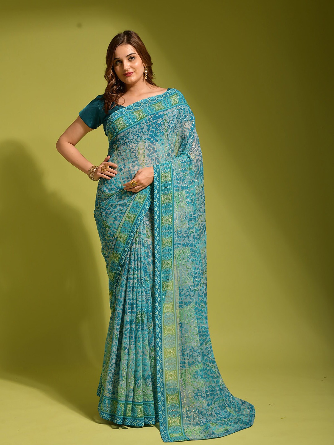 

ODETTE Floral Printed Saree, Blue