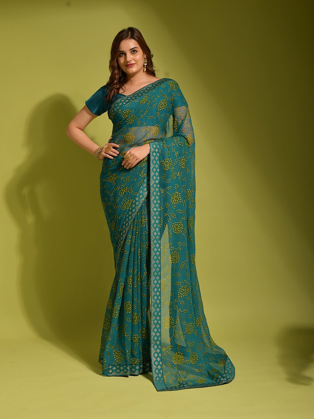 

ODETTE Floral Embellished Saree, Teal