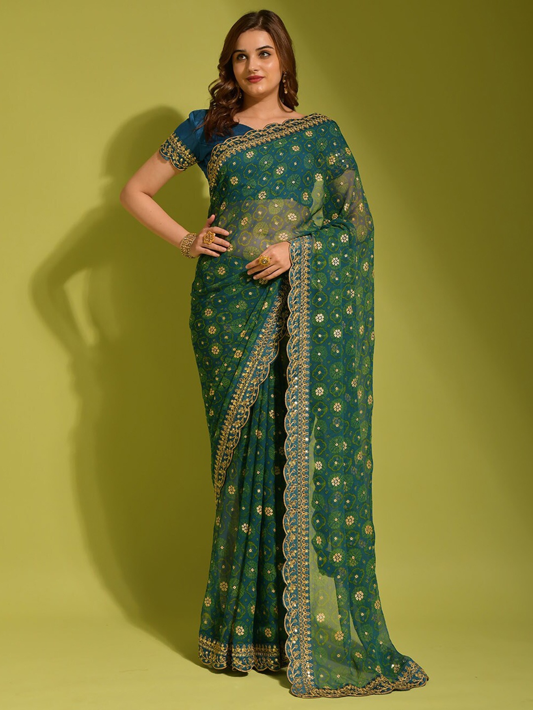 

ODETTE Floral Printed Embroidered Saree, Teal