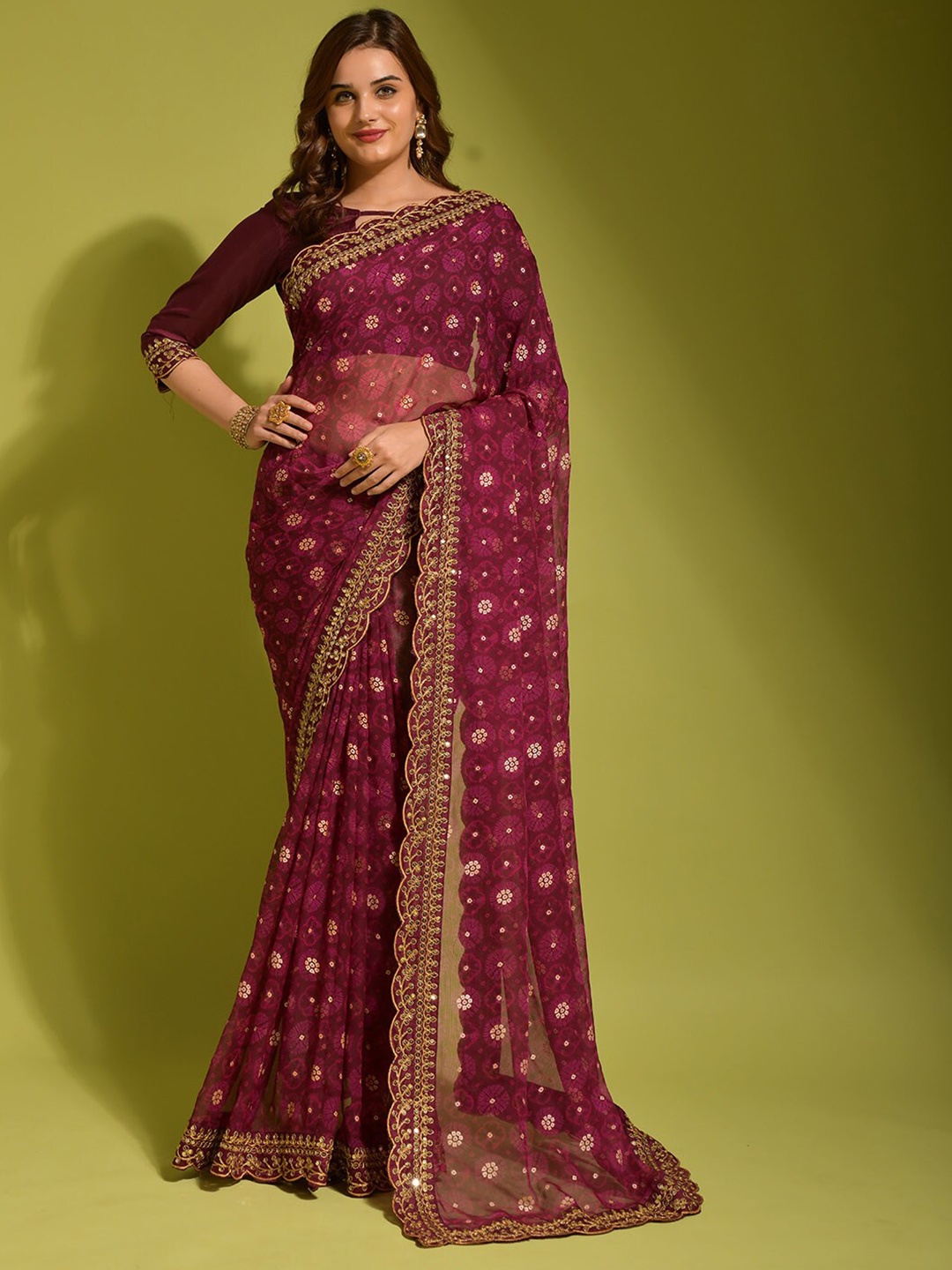 

ODETTE Floral Printed Embroidered Saree, Violet